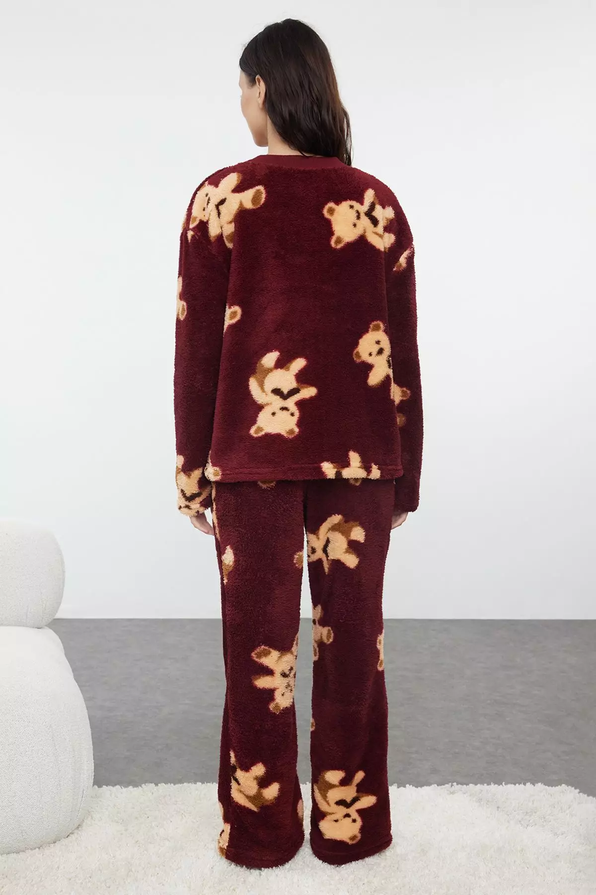 Claret Red Teddy Bear Wellsoft Winter Knitted Pajama Set THMAW25PT00055