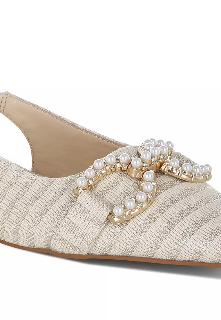 Pearl-Detailed Horsebit Woven Flats In Gold