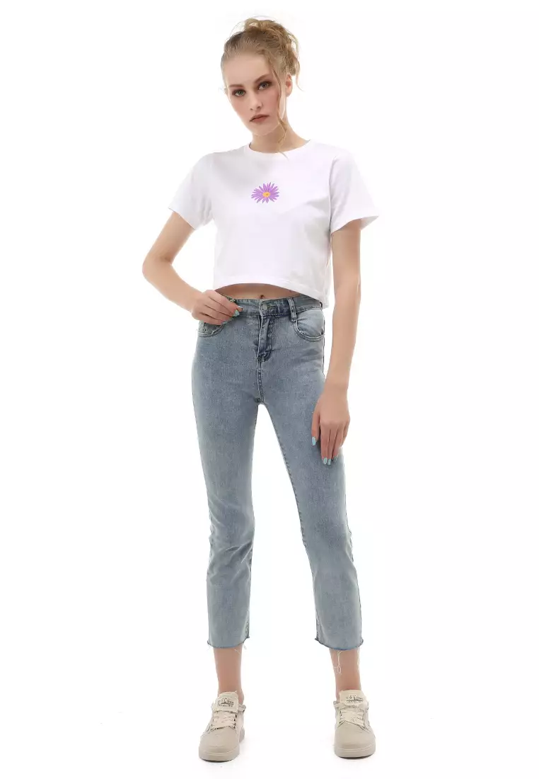 Jourel Long Pants Unfinish Wanita Celana Jeans High Waist Material Denim ORIGINAL - Light Blue