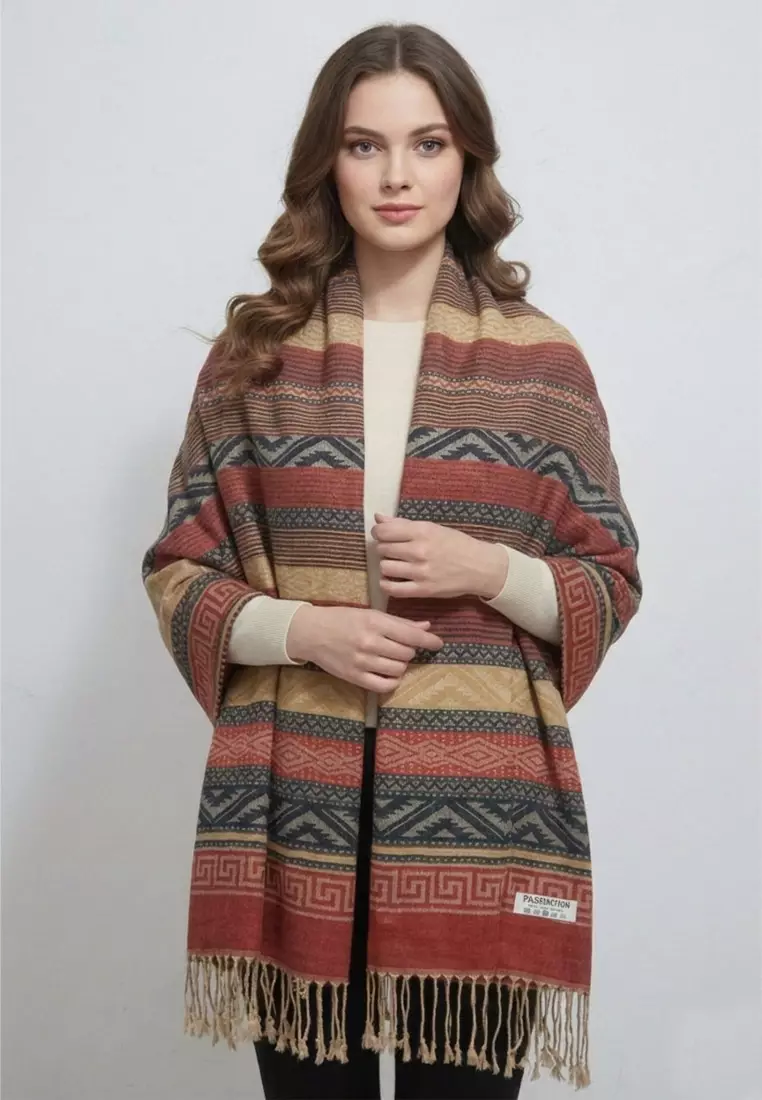 Aksesoris Wanita Reversible Viscose Nomad Weave Pashmina Shawl Syal Wanita Terracotta Sand