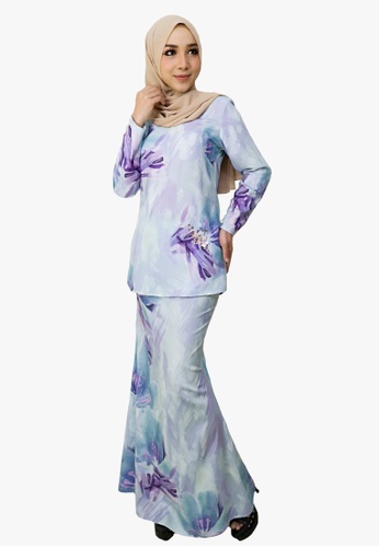 Buy Kurung Moden Print Floral from Zoe Arissa in Blue and Purple at Zalora