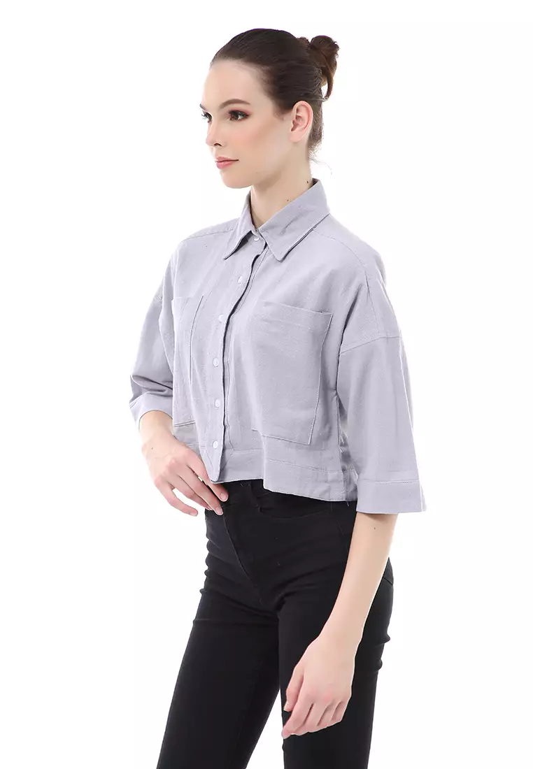Brielle Atasan Wanita Kemeja Crop Oversize Shirt Lengan Panjang Material Linen ORIGINAL - Lilac