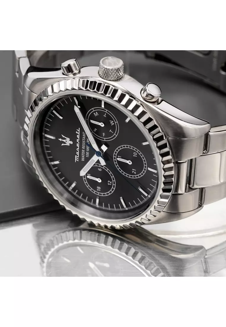 【2 Years Warranty】Maserati Competizione 43mm Black Dial Silver Stainless Steel Chronograph Men's Quartz Watch R8853100023 With Luminous Dial Hands