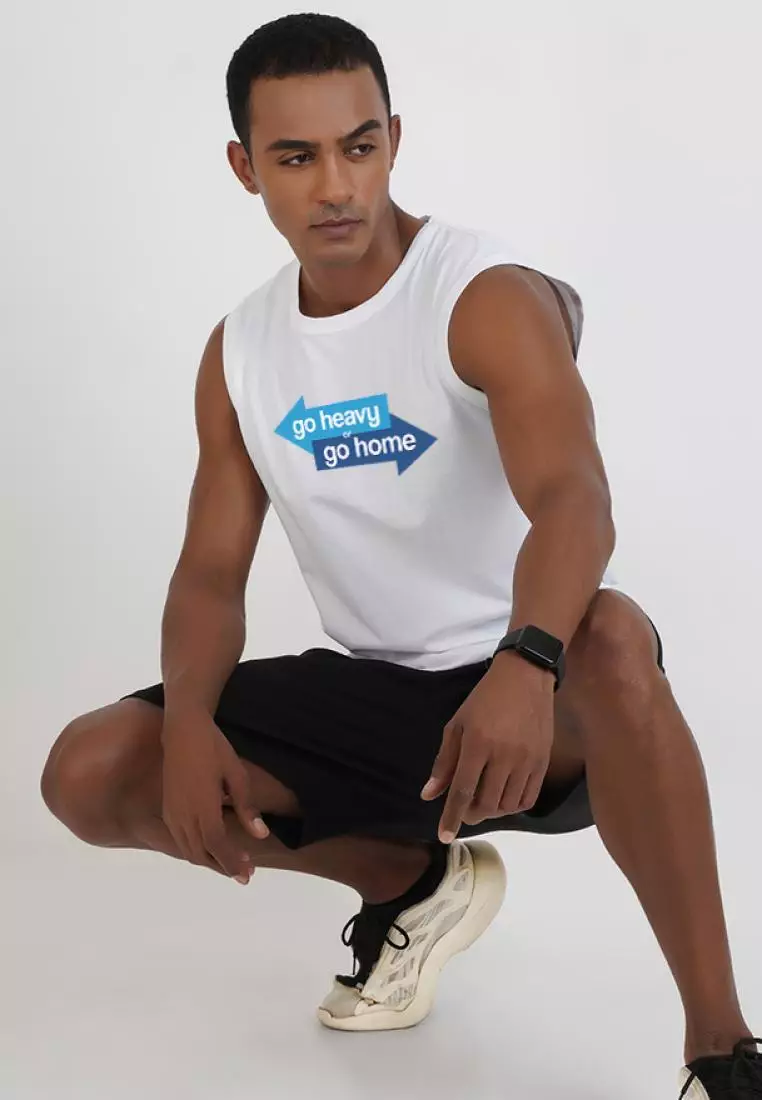 Go Heavy 图案印花白色棉质无袖健身/训练背心