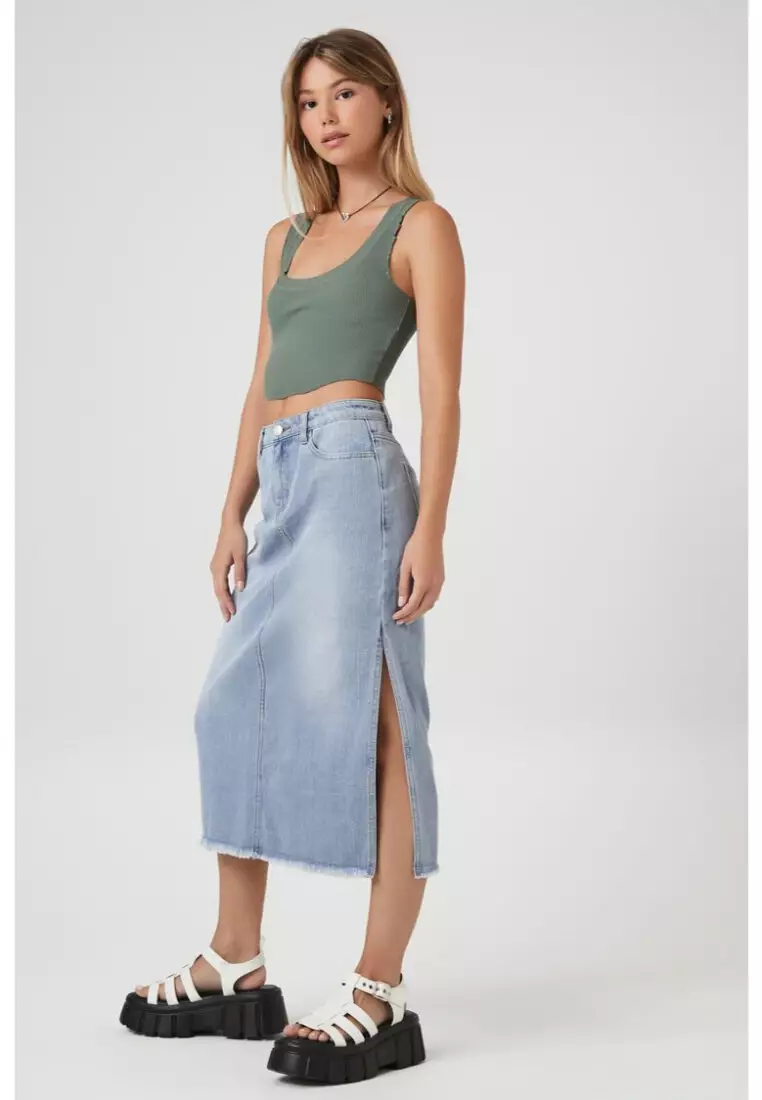 Frayed denim midi skirt top