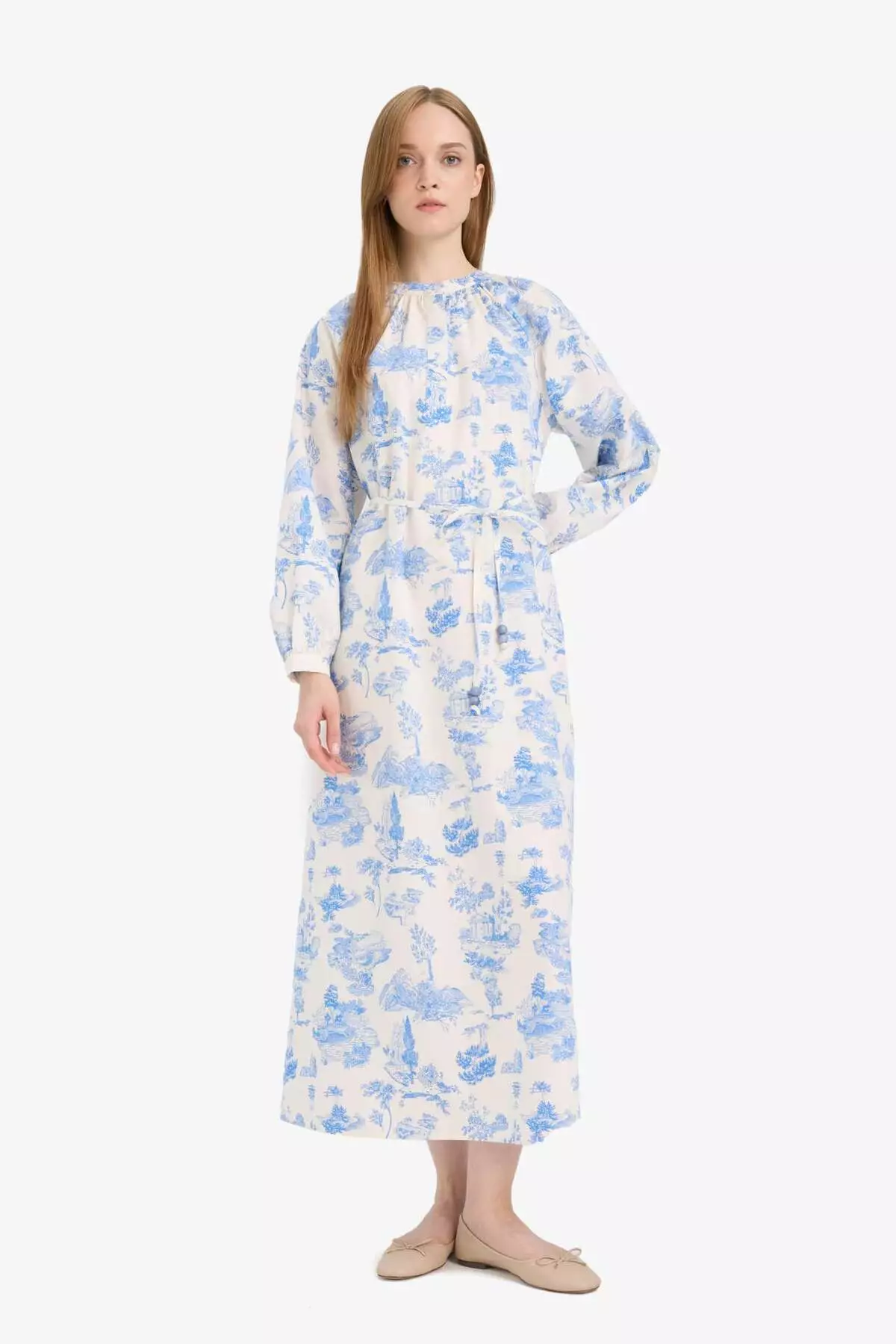 寬鬆剪裁圓領花卉府綢綁帶長袖長裙 F4554Ax25Hs