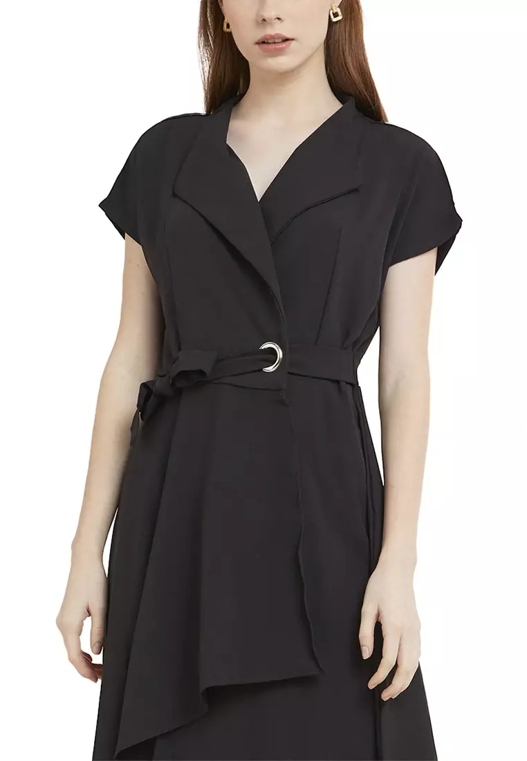 Mini Dress Kasual Lengan Pendek Collar Neckline Baju Wanita Regular Fit - Black