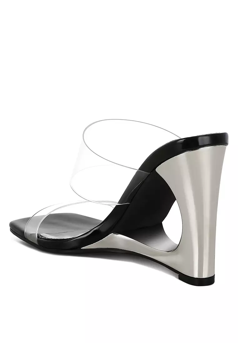 Fantasy Wedge Heel Clear Sandals in Black