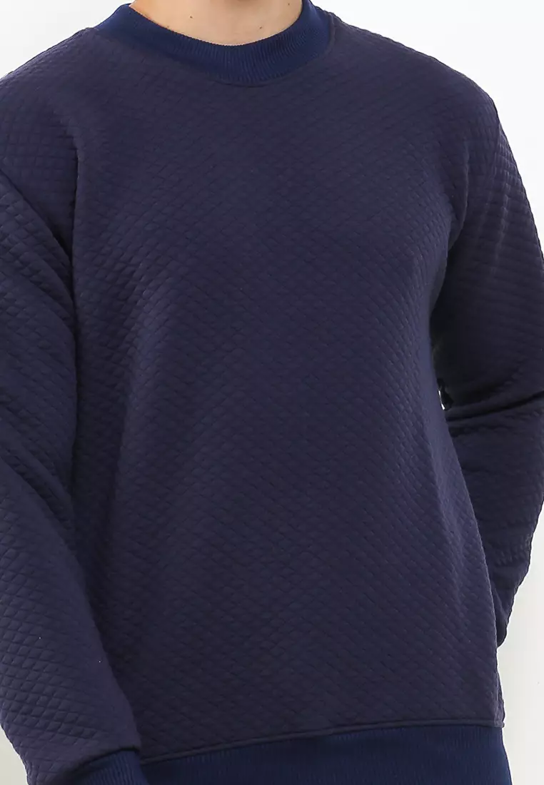 GRAHANGGRA Sweater Crewneck Comfy Diamond Fleece - Navy Blue