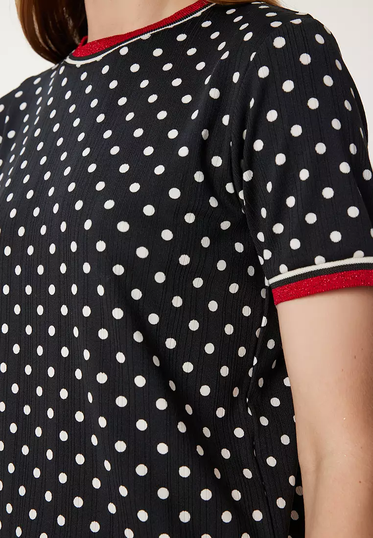 Women's Black Ecru Patterned Flexible Knitted Blouse Tp00078