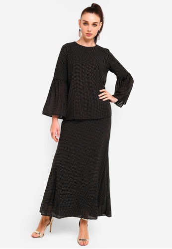 Embellished Chiffon Flare Sleeves Top Set from Zalia in Black