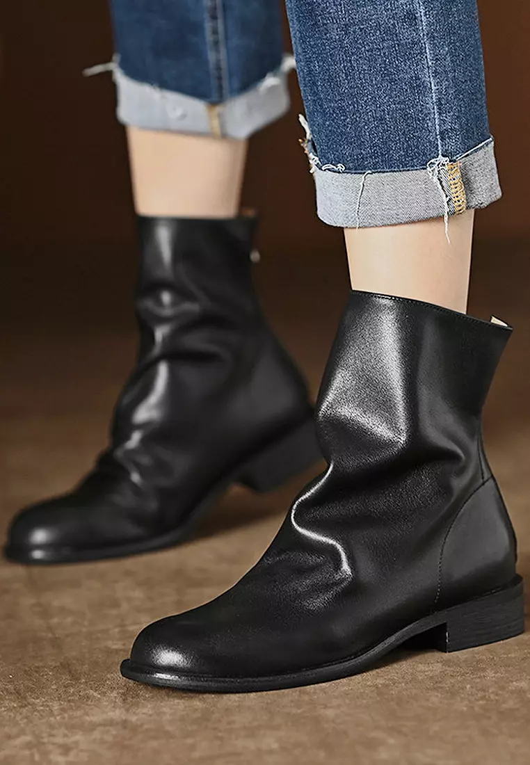 VANSA Vintage Washed Cow Leather Crinkled Booties VSW-B837-5