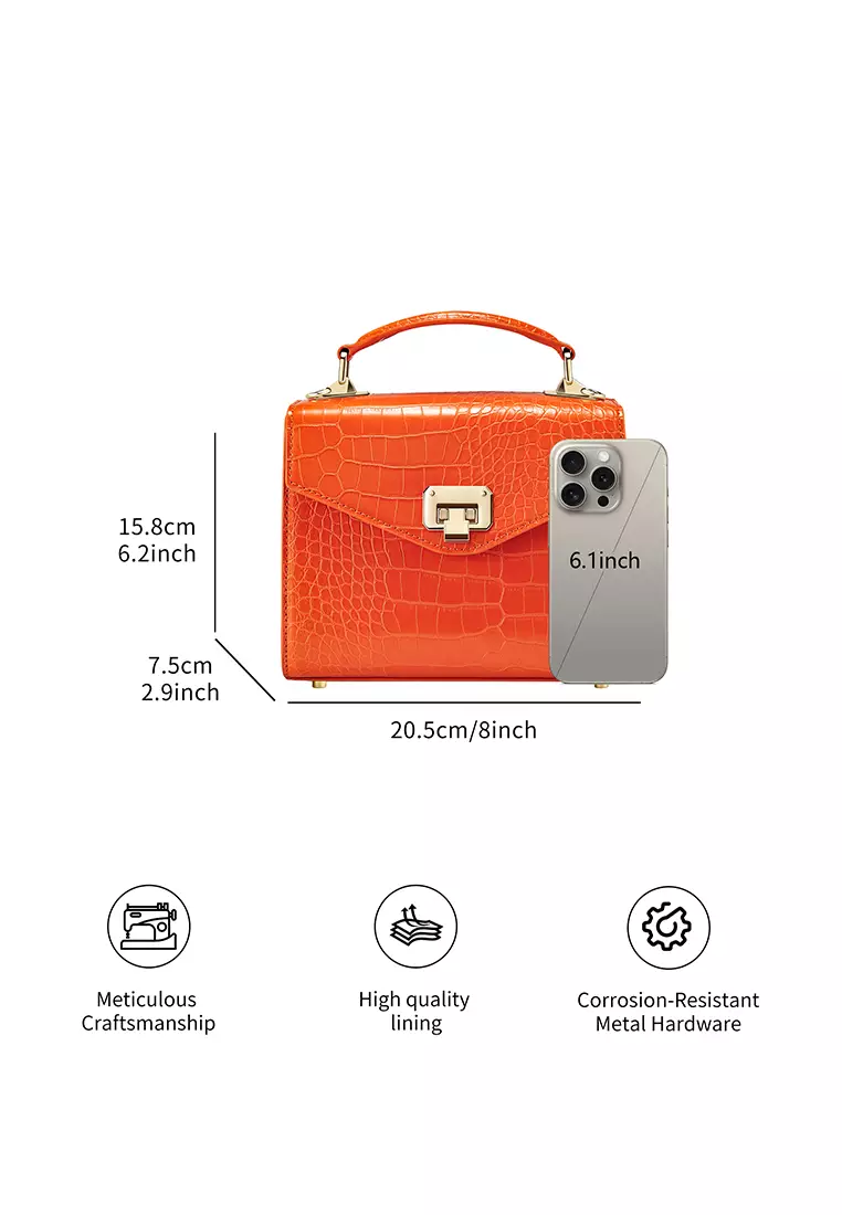 Duchess女式橙色顶柄手提包-纯素皮革斜挎包和方形包