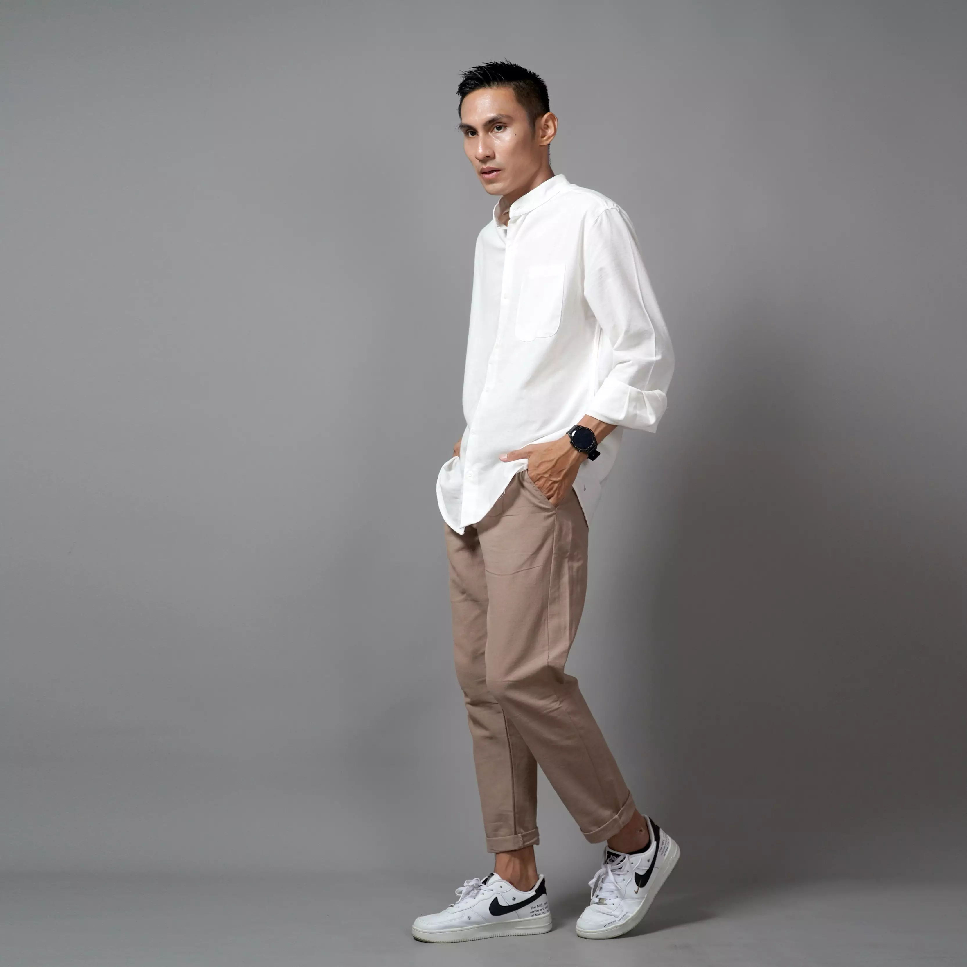  ASHRAF Kemeja Pria Casual Linen Baju Koko Kemeja Lengan Panjang - Brokenwhite