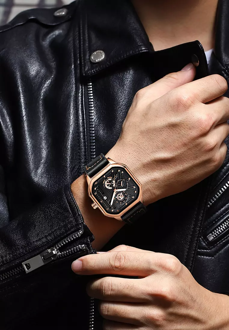 Jam Tangan Pria 9095 Kuarsa Olahraga Kasual Tali Kulit Pria Jam Tangan Cowok rose black