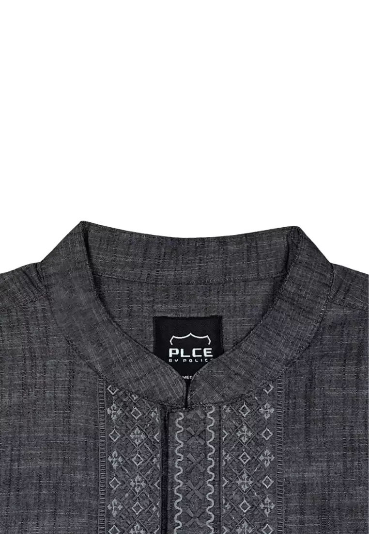 POLICE Kemeja Koko Bordir Cotton Slub Regular Fit Lengan Panjang Pria
