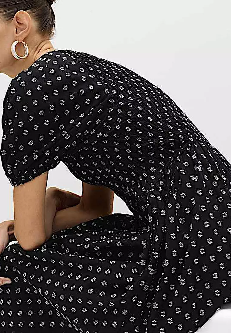 Cotton Rich Printed Puff Sleeve Midi Waisted Dress