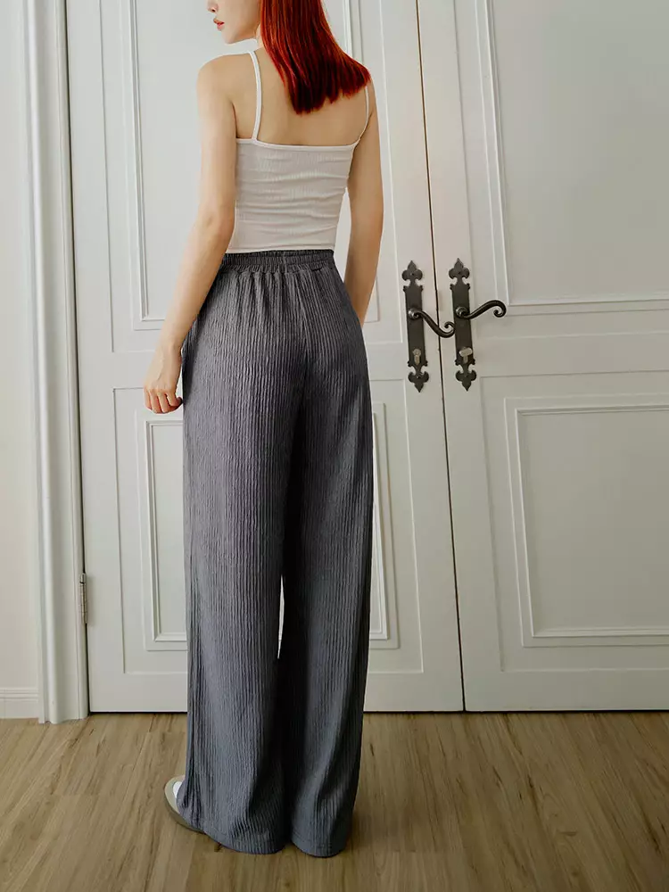 Crinkle-textured drawstring straight-leg wide pants [BA7626]