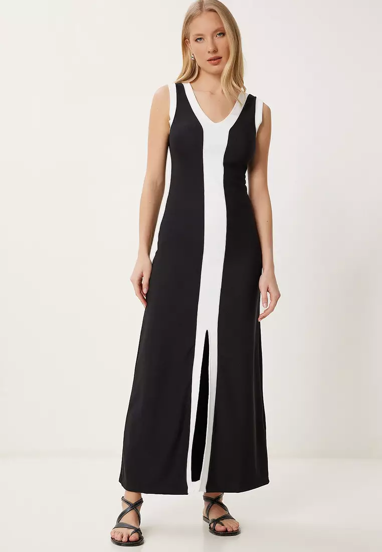 Women's Black White Contrast Color Stretchy Ribbed Knitted Dress Fw00012