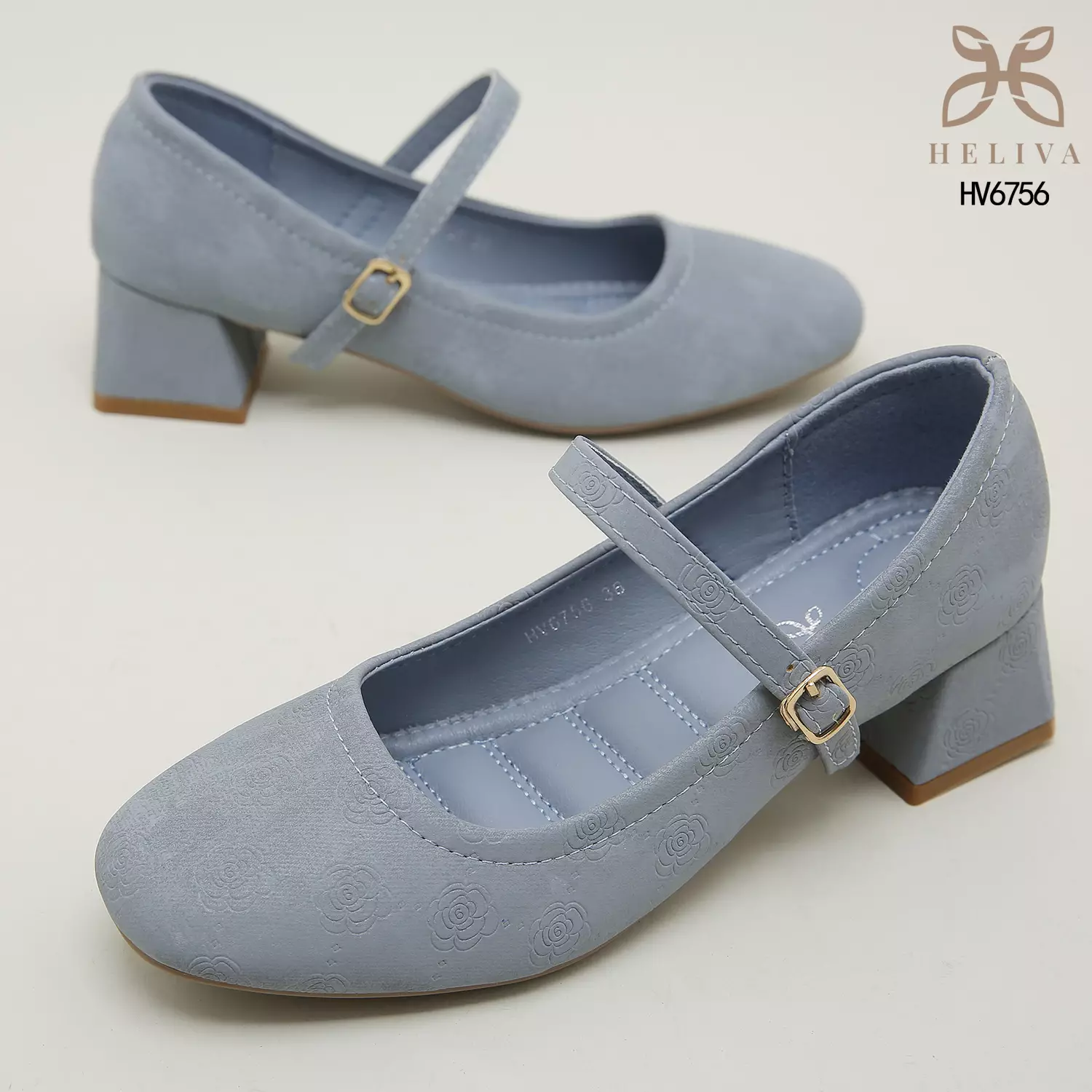 Heliva Kimmy Marry Jane Shoes Heels Chunky Embossed Flower Sol 5cm