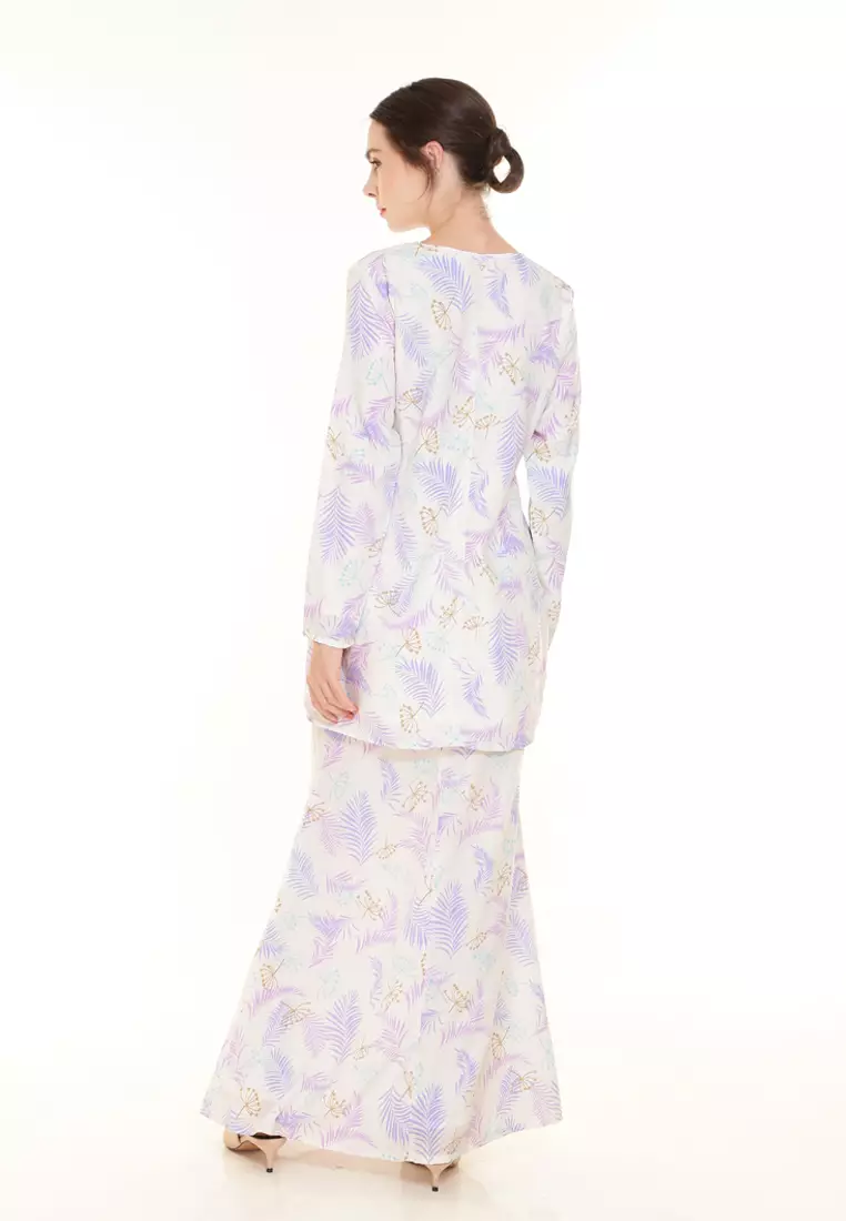 Rina Printed Kurung in Beige Lilac Leaf