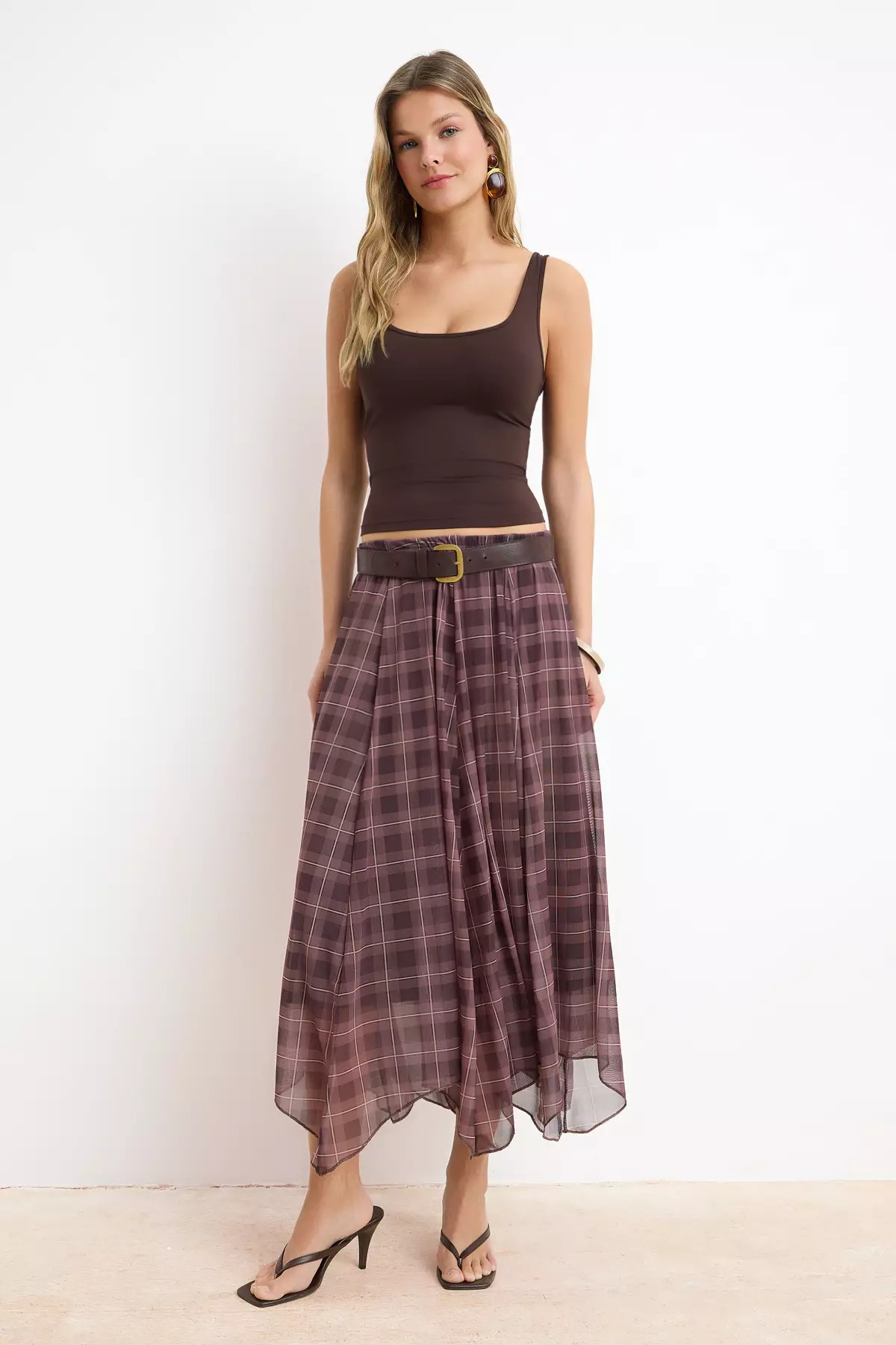 Multicolor Plaid Skater Normal Waist Midi Tulle Knitted Skirt Twoss26Et151