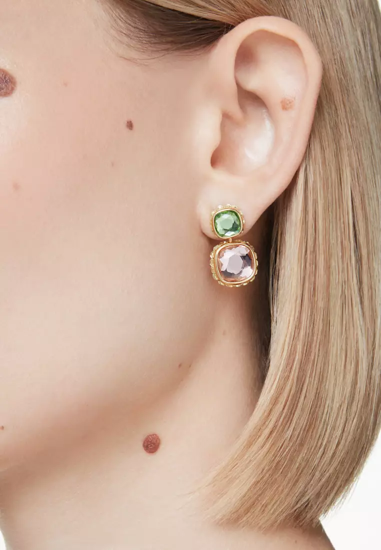 Chroma drop earrings, Cushion cut, Multicolored, Gold-tone plated