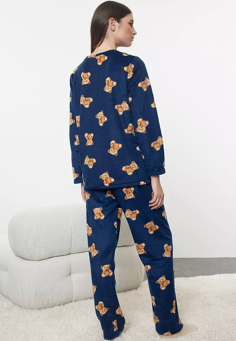 Navy Blue Teddy Bear And Slogan Embroidered Fleece Winter Knitted Pajamas Set Thmaw25Pt00125