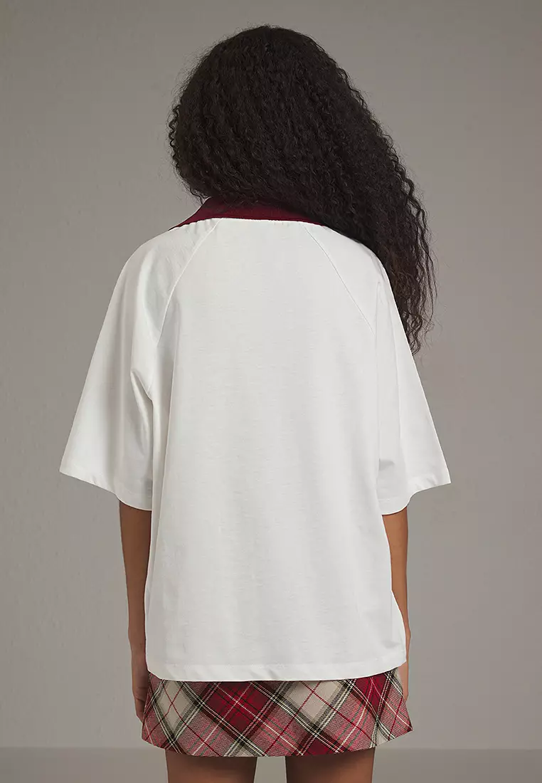 Ecru Knitwear Band Detailed Embroidered Oversize/Wide Pattern Knitted T-Shirt TWOSS25TS00100