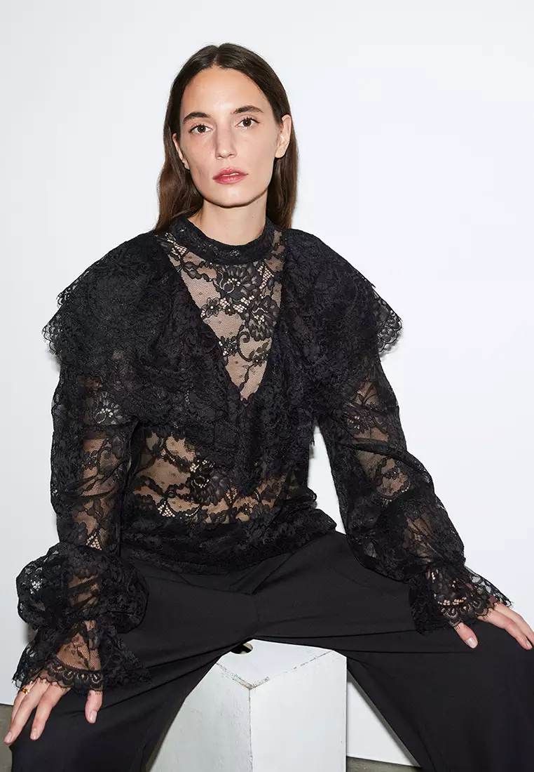 Feminine Black Lace Top, See Through Blouse, Black Lace Blouse for