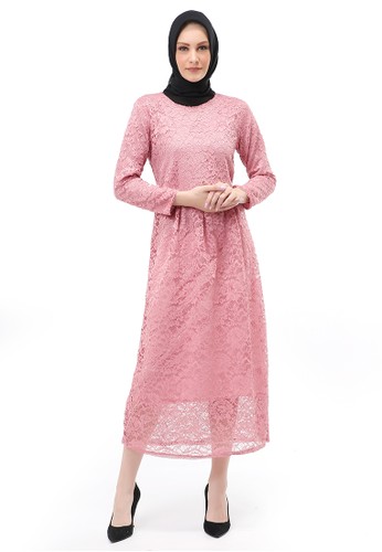 Evernoon pink Alveera Gamis Brukat Muslimah Long Dress Regular Fit - Dusty 931B8AA832A9A8GS_1