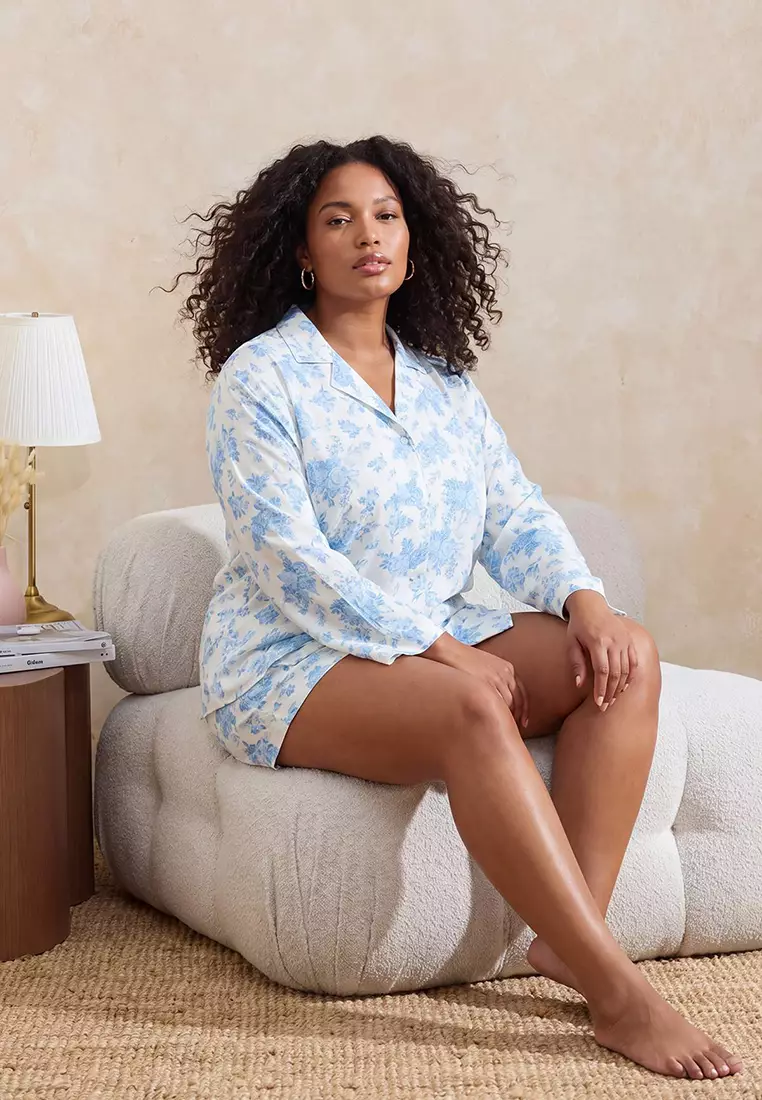 Ecru Floral Viscose Plus Size Pajama Set Tbbss26Ai00051