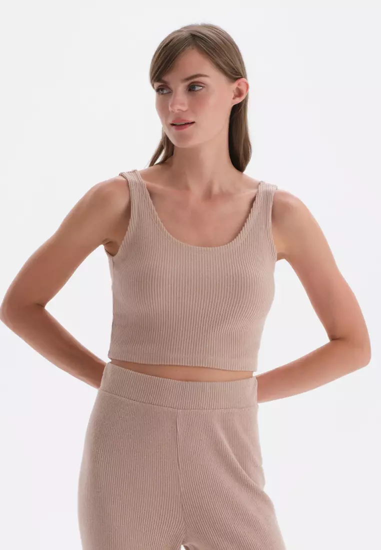 Light Brown Knitwear Top Tanktop, U-Neck, Regular Fit, Thick Strap Sleepwear for Women