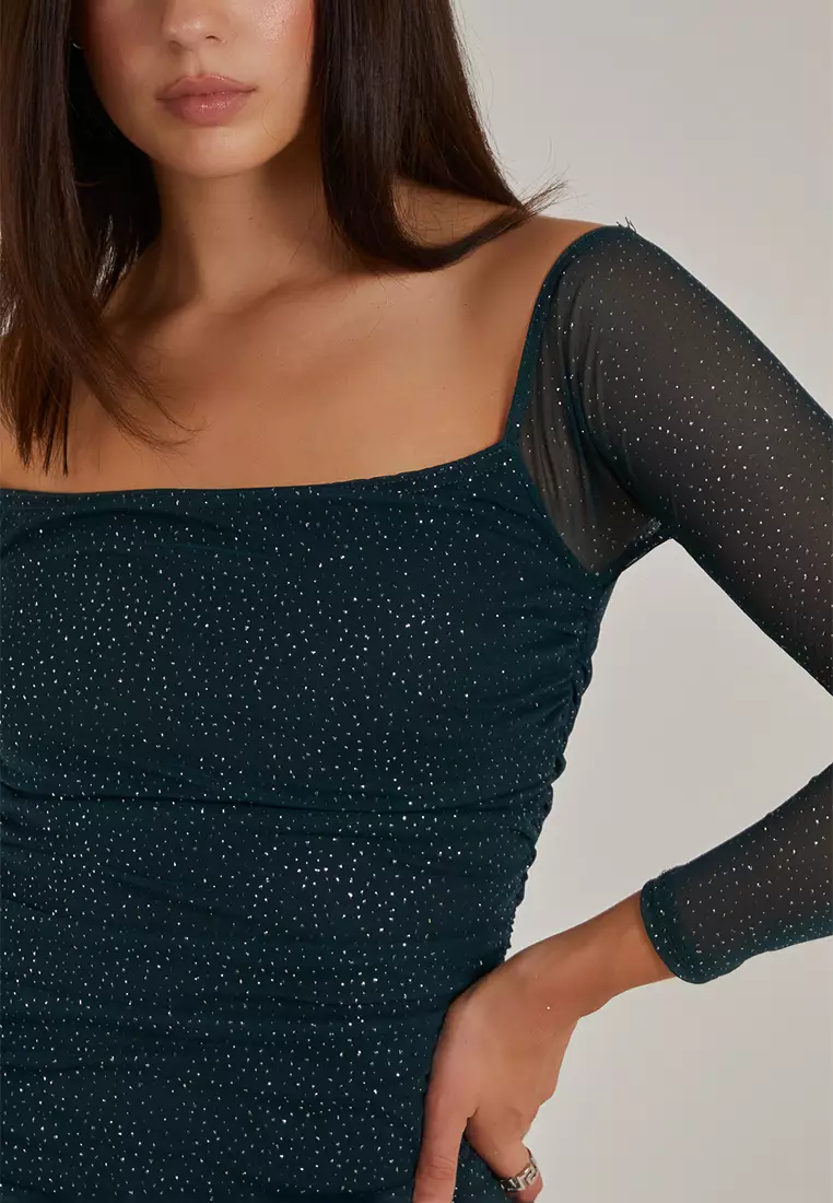 Pink Vanilla Bottle Green  Glitter Mesh Off The Shoulder Mini Dress