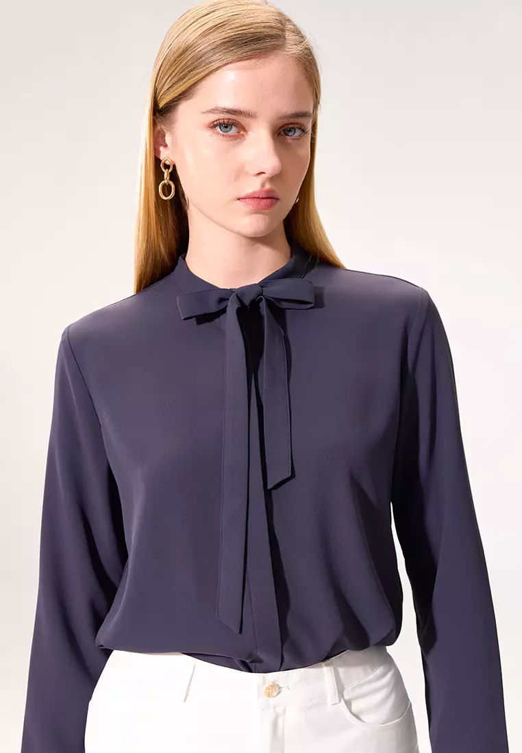 Dark Grey Stand Collar Tie Long Sleeve Top