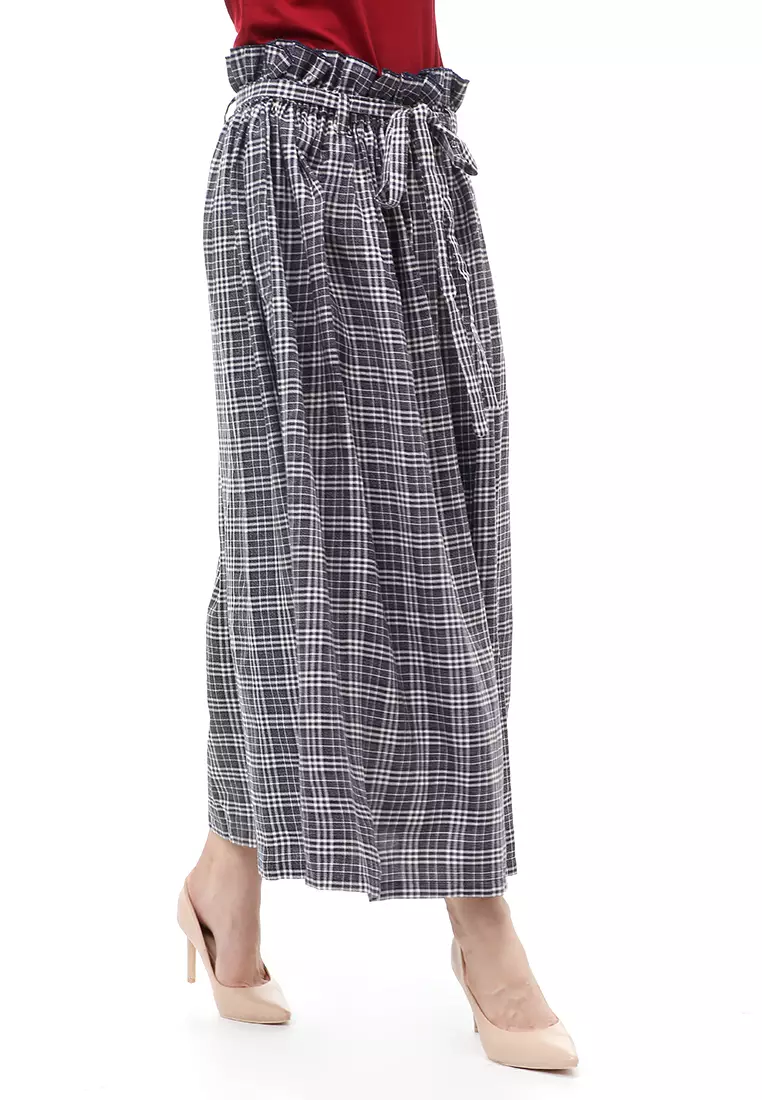 Amel Long Skirt Bawahan Wanita Motif Kotak-Kotak Regular Fit - Navy