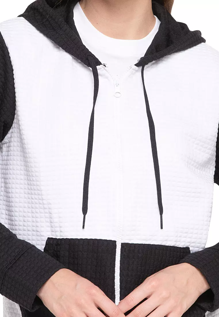 Hernie Long Hoodie Dual Tone Color Lengan Panjang Outerwear Atasan Wanita - Putih