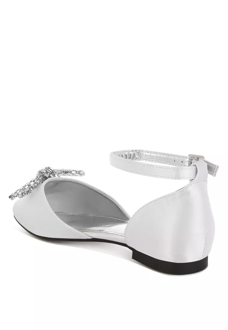Rhinestone Detail Bow Flat Sandals in White