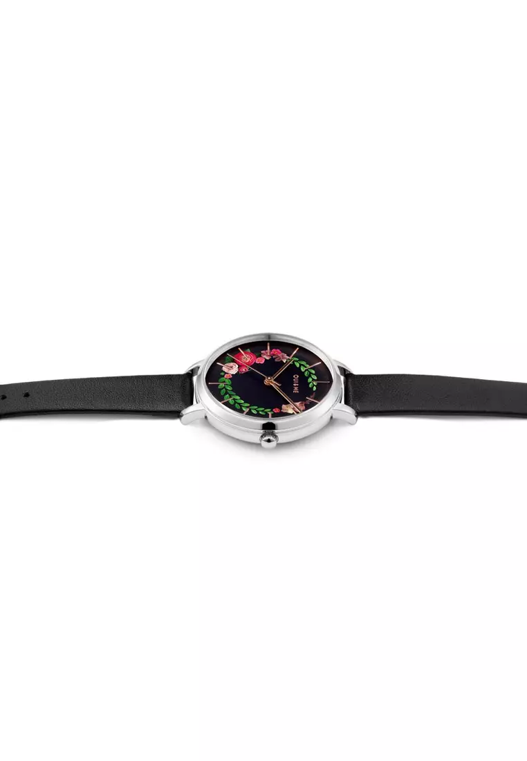 [Sustainable Watch] Oui & Me Grande Fleurette 38mm Floral Dial  Black Leather Women's Quartz Watch ME010033