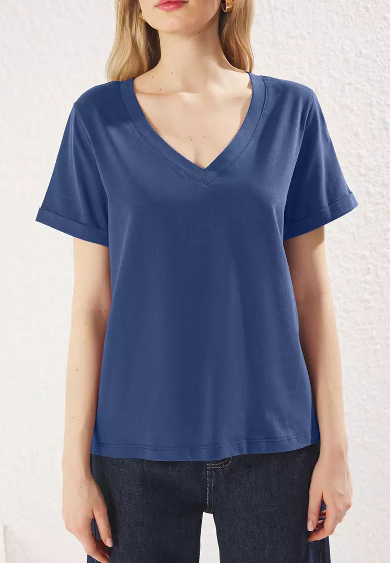 Indigo V Neck Short Sleeve Regular/Basic Knitted T-Shirt