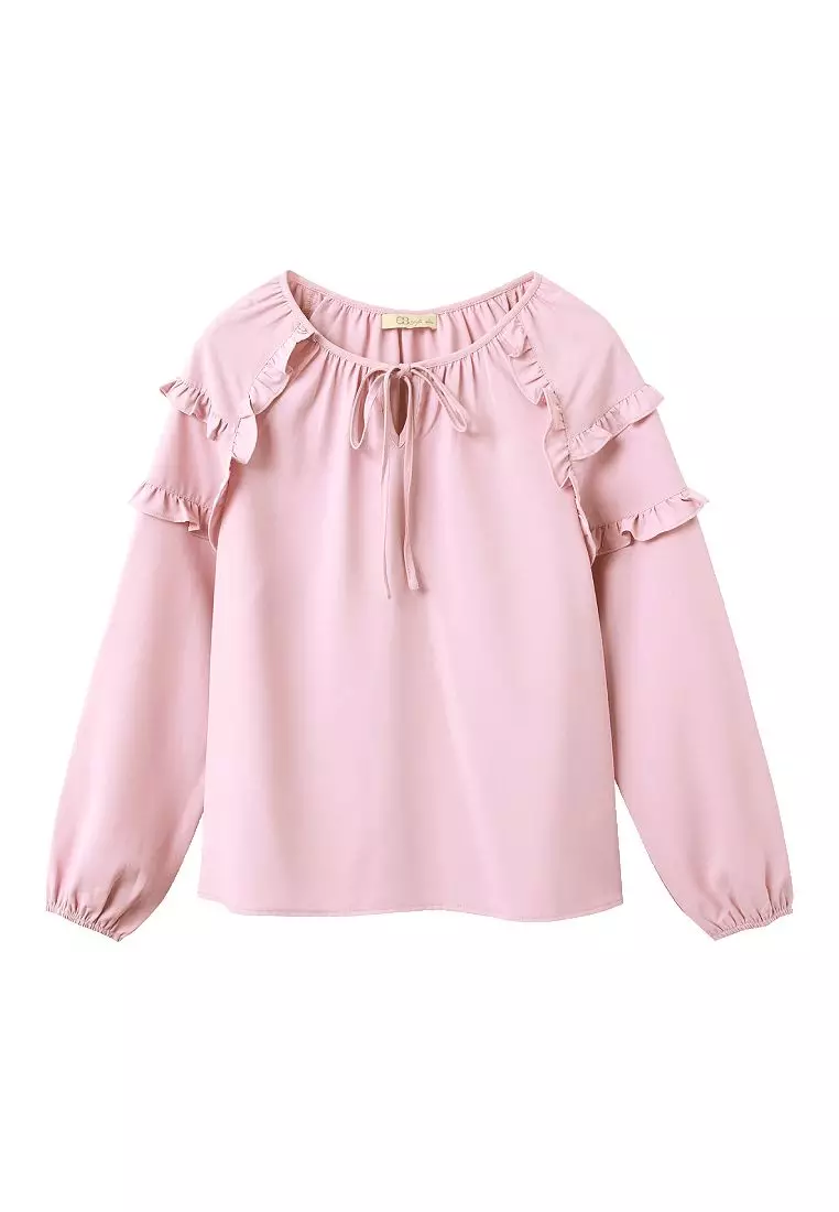 Sweet Bow Tie Ruffle Trim Long Puff Sleeve Top [AB17751]