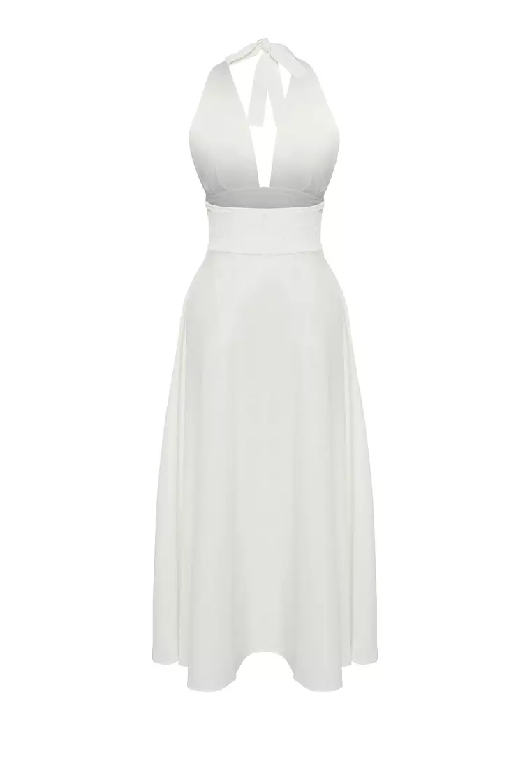 White Woven Midi Halter Neck 100% Cotton Beach Dress TBESS25EL00129