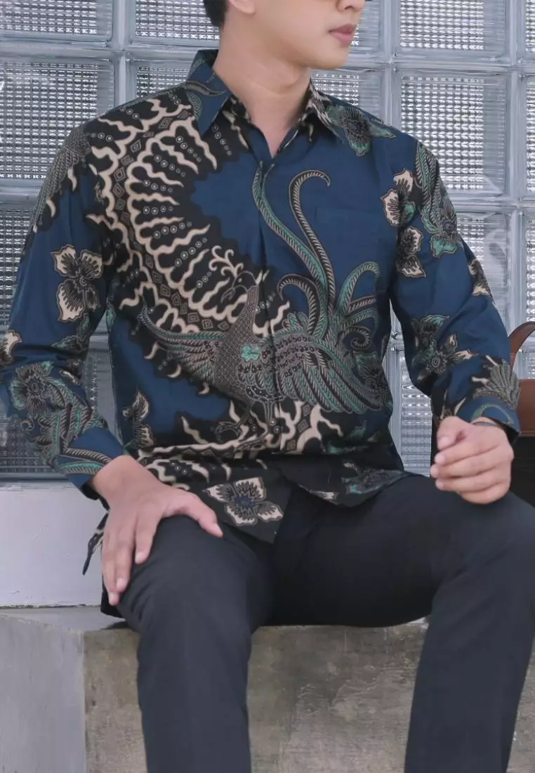 kemeja batik pria lengan panjang kalabang navy