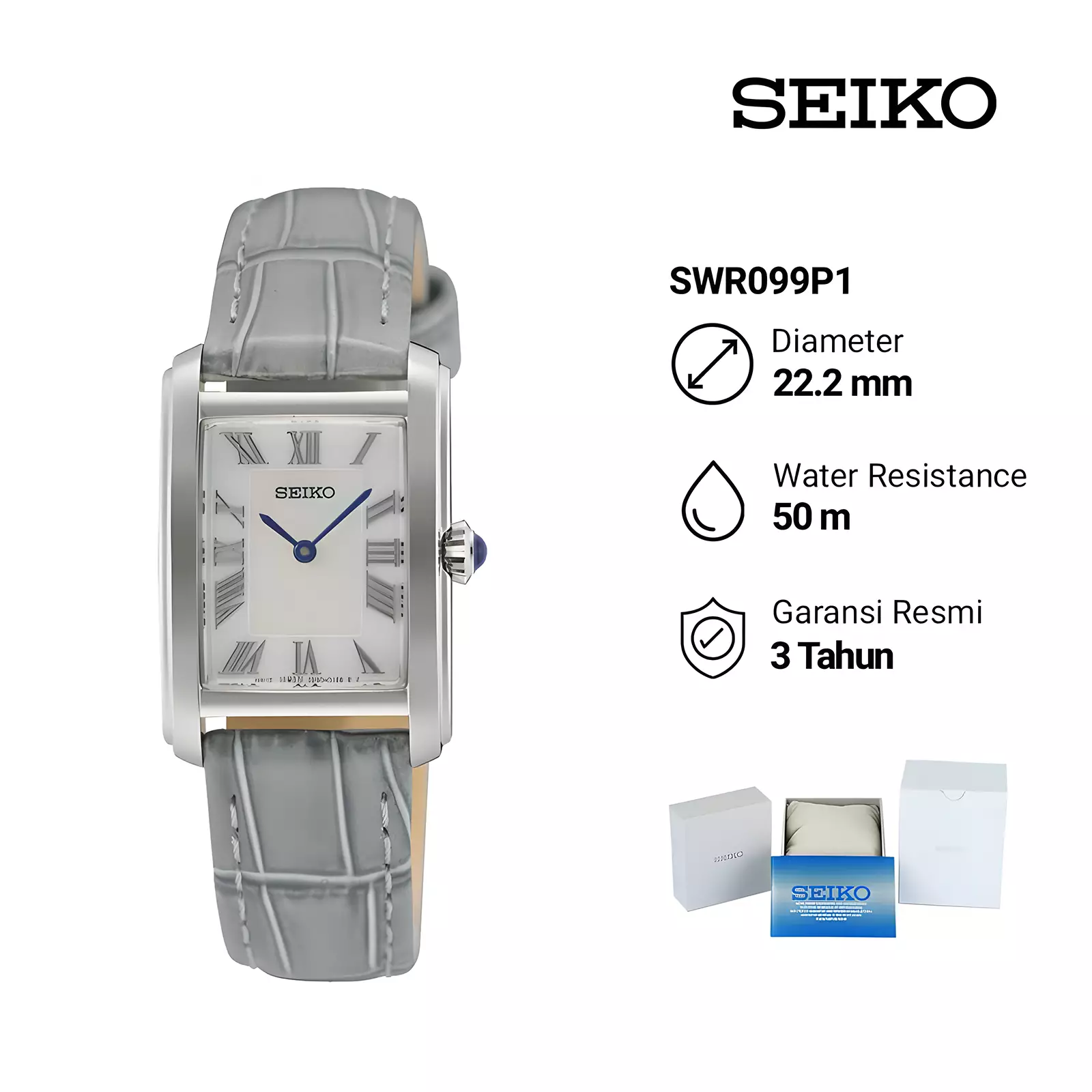 Seiko SWR099P1 - Women's Watch - Jam Tangan Analog Wanita - Classic Quartz Square - Silver Grey - Leather Strap
