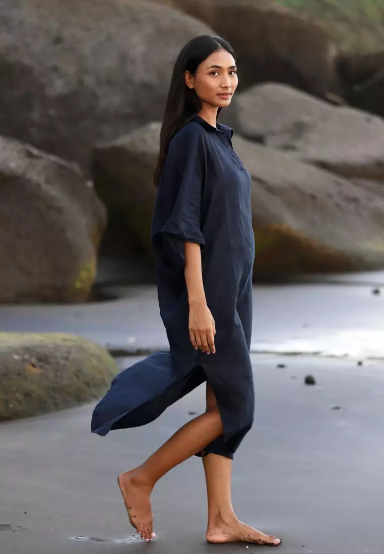 Kemer Dress Kaftan Linen Wanita Blue Black | Linen Kaftan Dress Women Blue Black