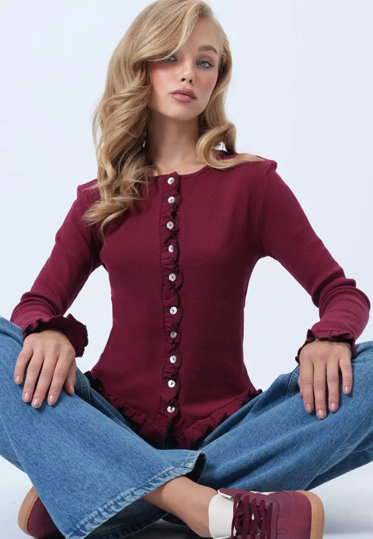 Women's Burgundy Crew Neck Ruffle Detailed Buttoned Front Knitted Blouse Alc-X14533