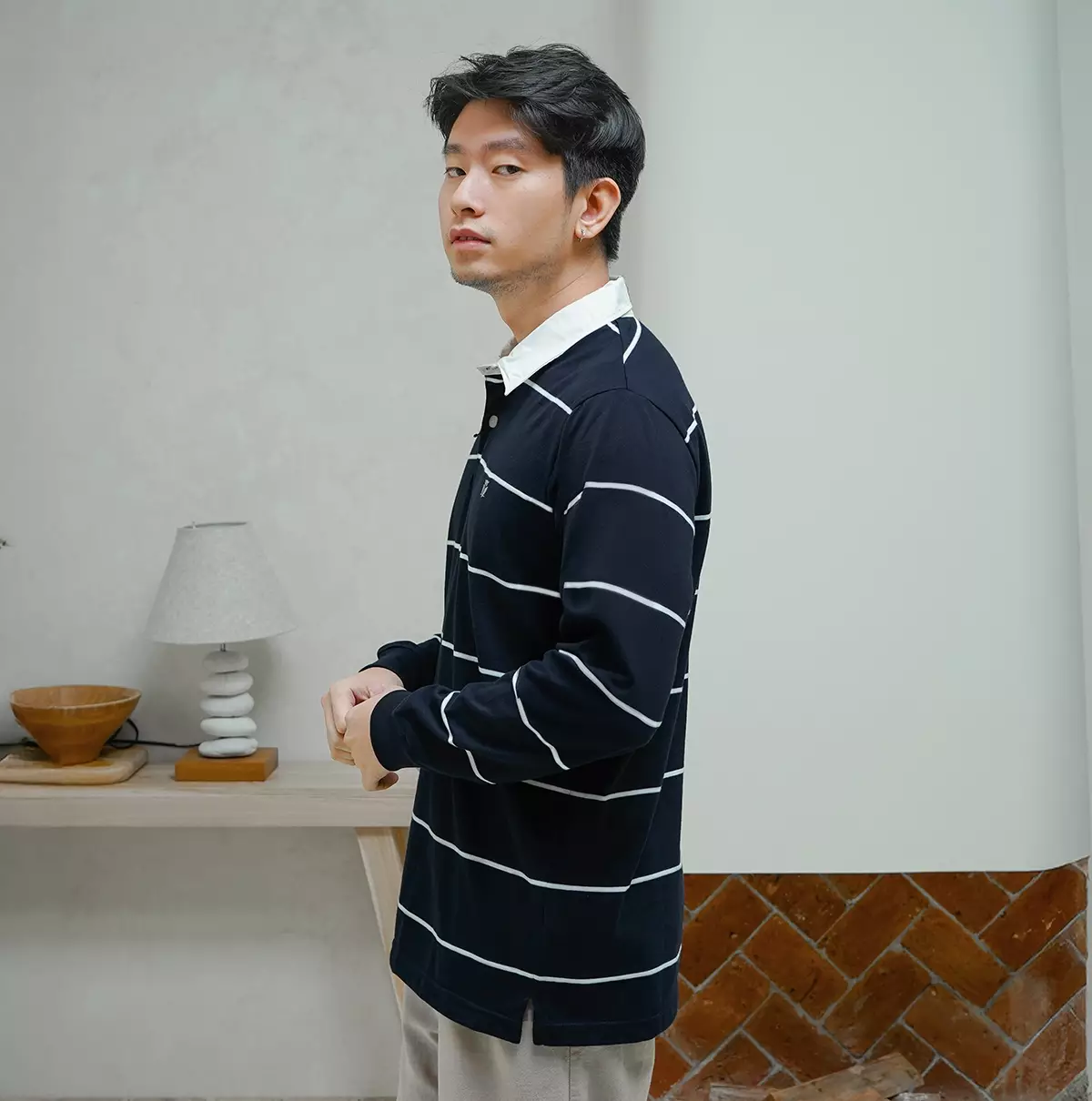 Matsuda Kaos Rugby Polo Shirt Katun Pria Lengan Panjang Tsuyama Navy