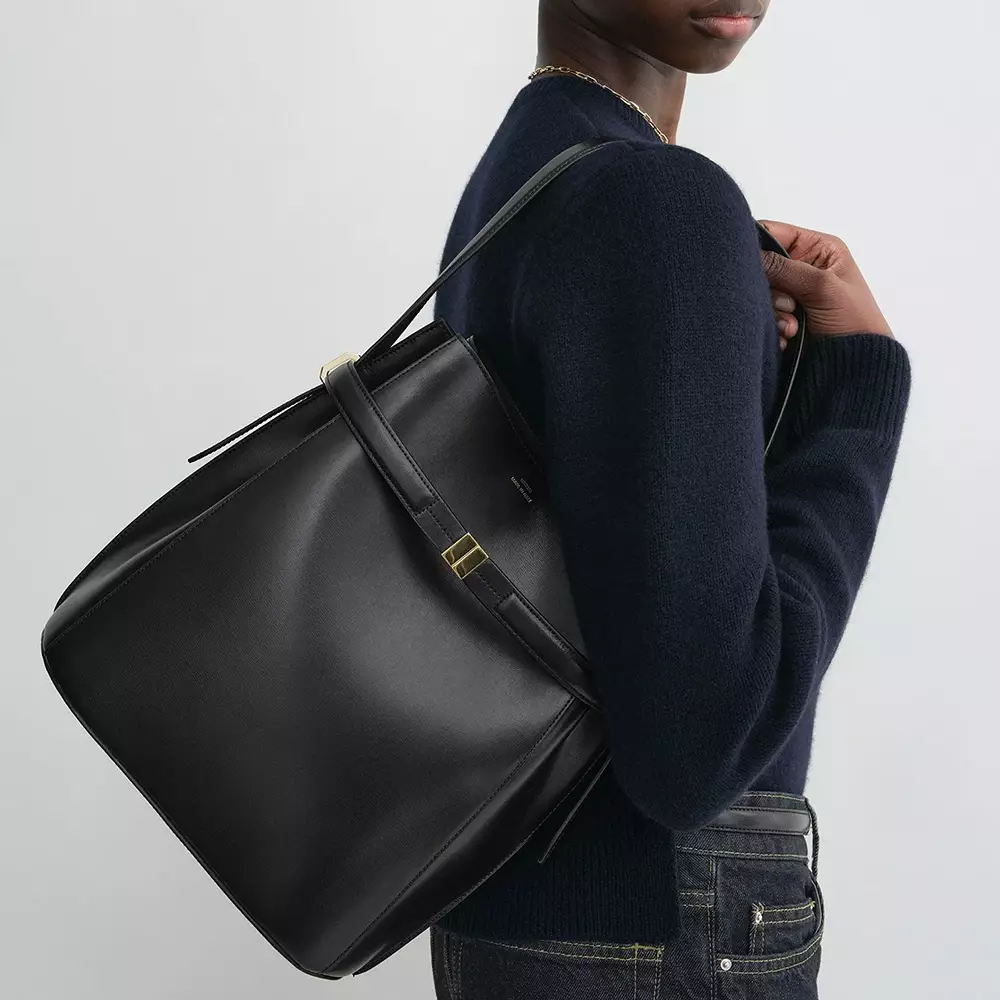 Belted Leather Bucket Bag Black