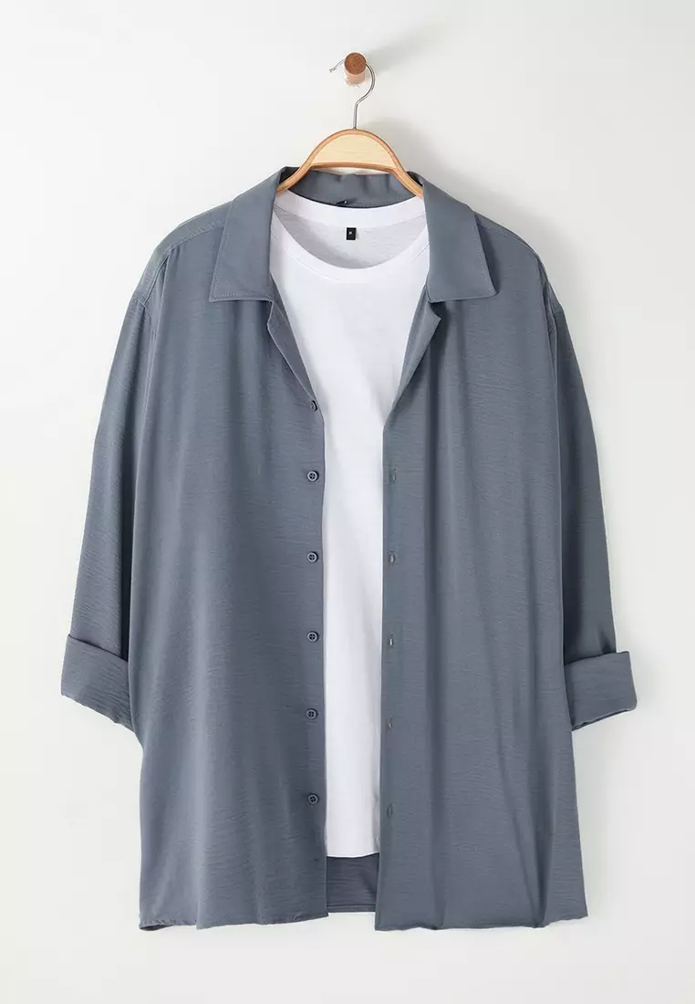 Grey Regular Fit Fit Open Collar Summer Linen Look Plus Size Shirt TMNSS24AX00012