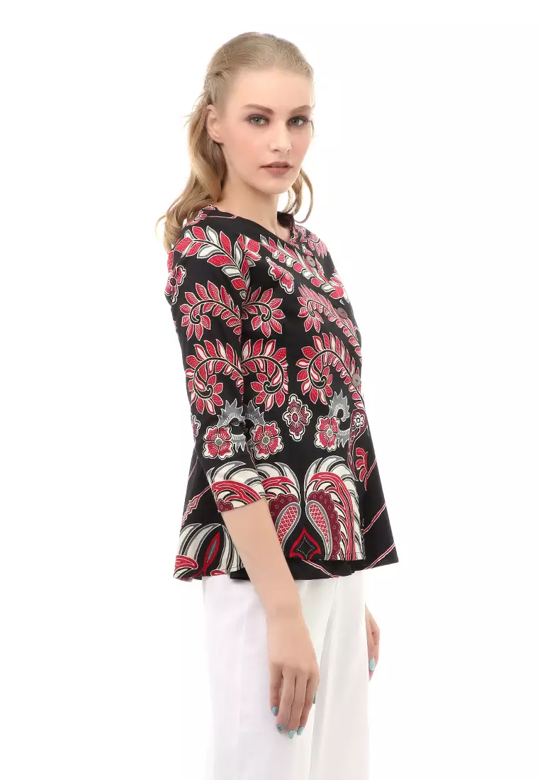 Lynelle Atasan Kasual Wanita Blouse Batik Lengan Panjang Material Cotton ORIGINAL - Red Black